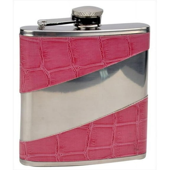 FJX Wholesale HFL-W072 6oz Pink Faux Leather Silver Stripe Stainless Steel Hip Flask