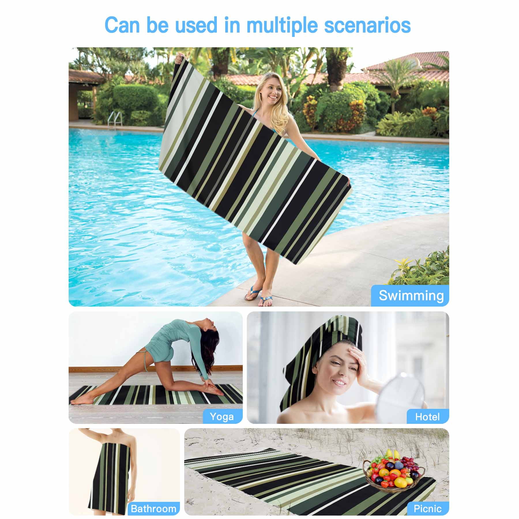Green Black Retro Stripe Beach Towels Blanket Soft&Absorbent Quick Dry Microfiber Minimalist Geometric Pattern Pool Towels for Swimming ,Yoga, Sports, Gym, Camping,Large 30X60in,