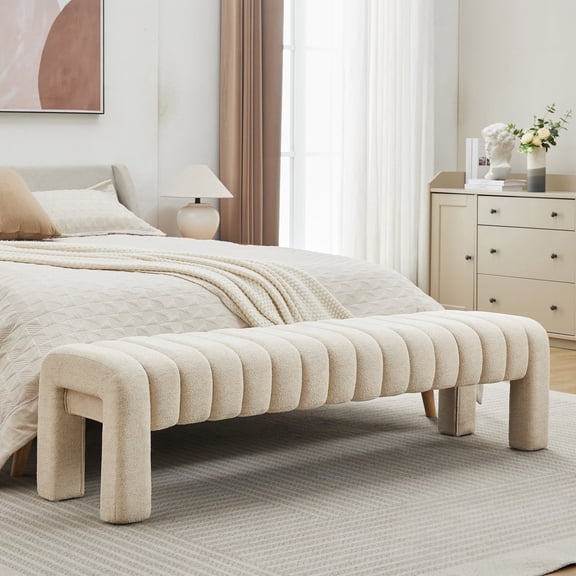 Zesthouse 63″ End of Bed Bench, Linen Tufted Upholstered Ottoman Bench with Padded Seat and Solid Wood Leg, Modern Entryway Bench for Bedroom, Living Room, Beige