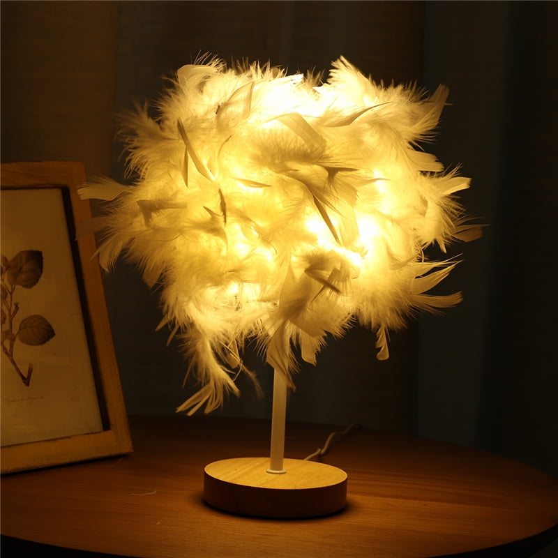 White Feather Shade Table Lamp Lampshade Elegant Bedside Desk Night Light Decor 