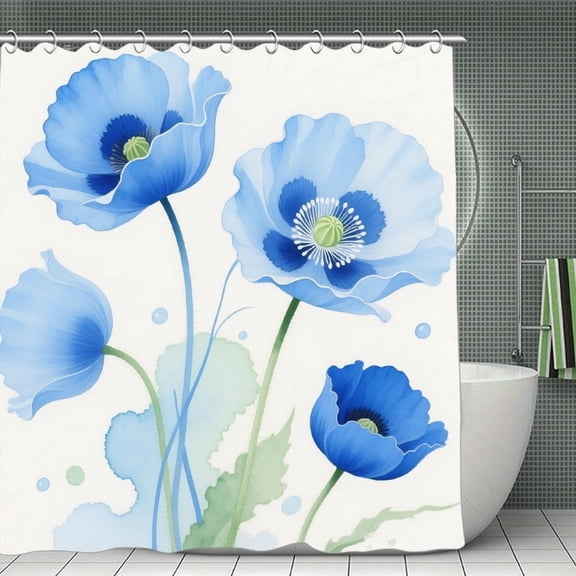 Light Blue Gold Floral Print Shower Curtain,Modern Fabric Waterproof Shower Curtain Set with Hooks 70.8×70.8Inch (180×180cm)