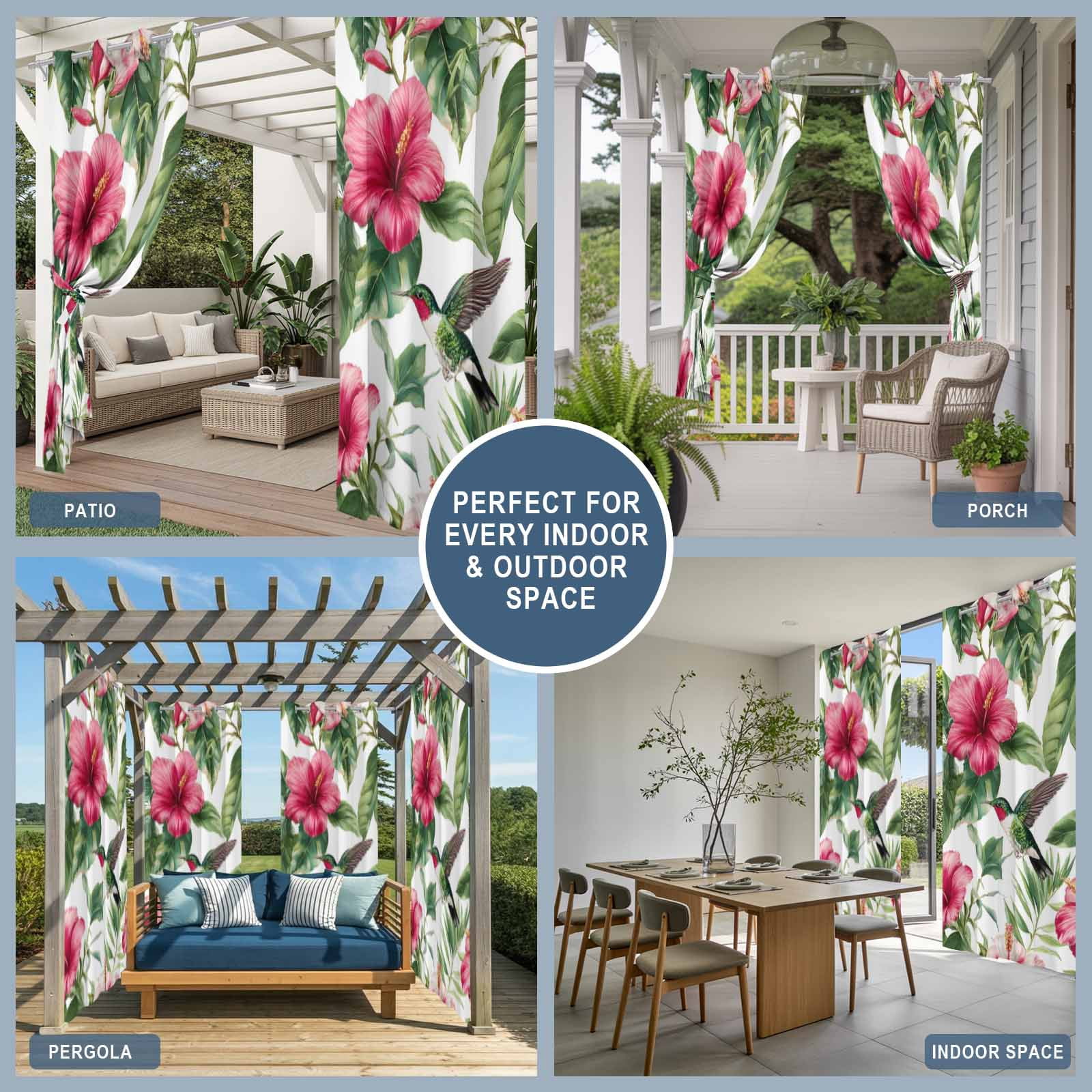 Red Flower Outdoor Curtains for Patio, Tropical Botanical Hibiscus Green Leaf Summer Sunshade Privacy Drapes Grommet Waterproof Outside Curtains for Porch/Cabana/Balcony 54"x 108", 1 Panel
