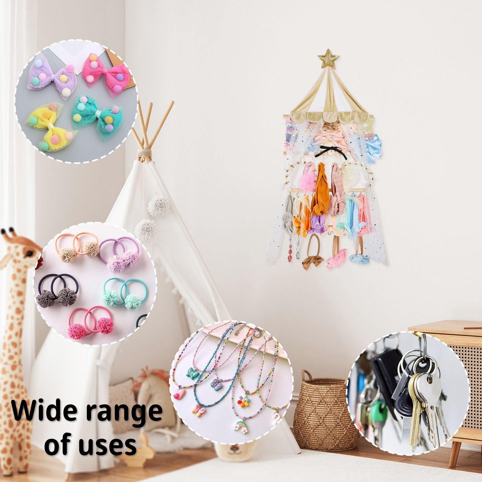 With 10 Hooks Headband Holder, Hair Bow Organizer with Pocket, Hair Accessories Wall Closet Hanging Storage Displayfor Girls Baby Toddler, for Hair Ribbons Ties Clips
