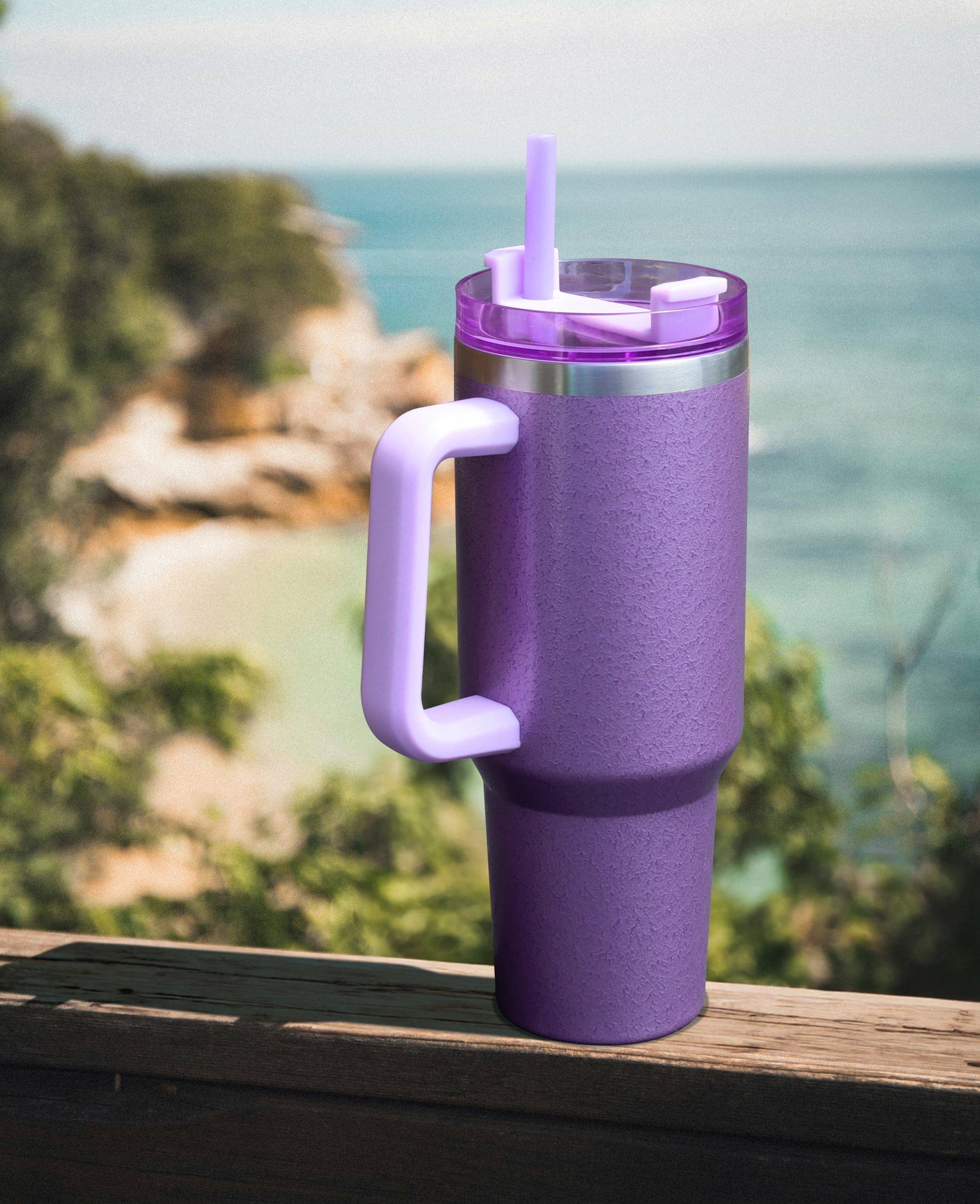 Mainstays 40 oz Stainless Steel Tumbler with Straw and Handle, Double Wall Insulated, Purple Hammertone