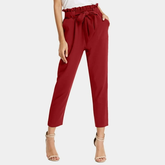 TYGHBN Women's Casual Pants Solid High Waist Self Tie Belted Pencil Trouser Casual Pants for Women Casual Outfits for Women Pants Womens High Waist Trousers Womens Pant Suits Casual Pencil Pant Crop