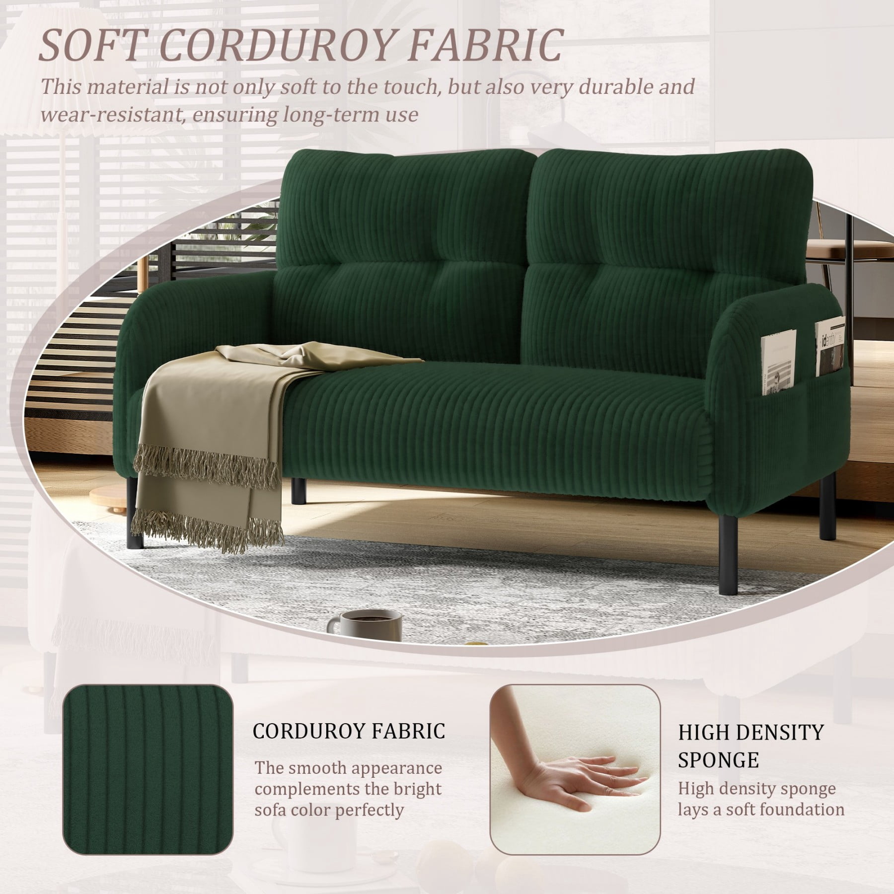 Corduroy Loveseat Sofa, Modern Upholstered Double Sofa Couch with Side Pockets for Living Room Bedroom Apartment, Emerald