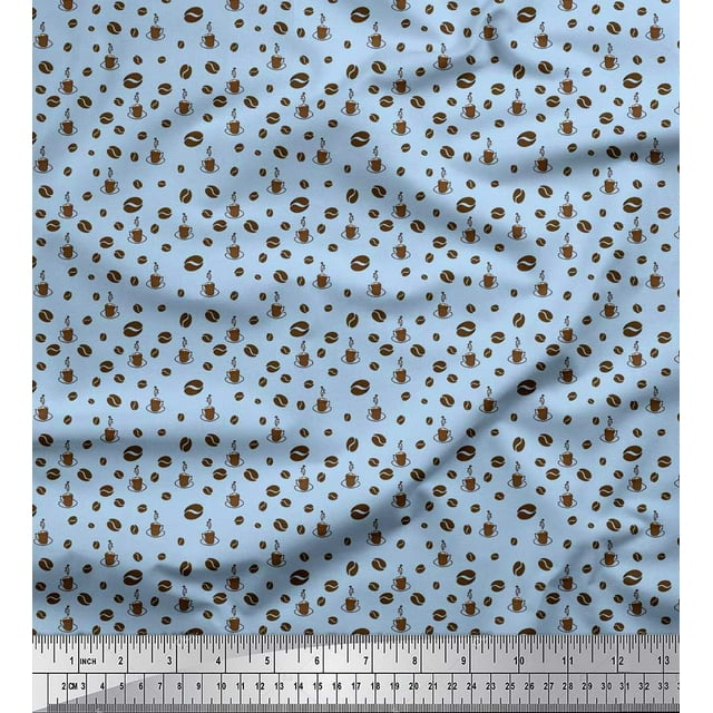 Soimoi Modal Satin Fabric Coffee Beans & Coffee Beverages Print Sewing Fabric Yard 42 Inch Wide