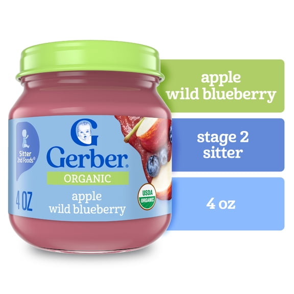 Gerber Stage 2 Baby Food, Organic Apple Wild Blueberry Jar, Non-GMO, Baby Puree, 10PK