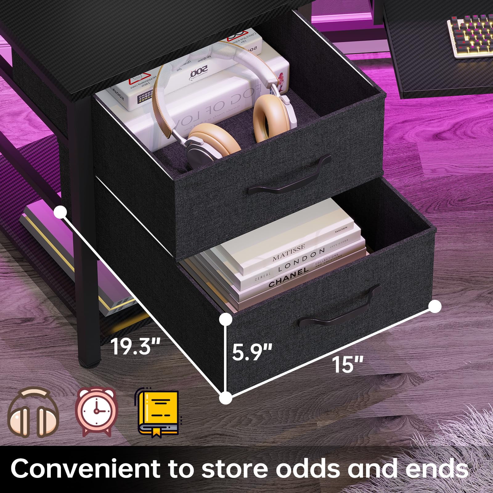 79" Gaming Desk, Computer Desk with 2 Fabric Drawers & LED Light, L Shaped Gaming Desk with Storage Shelf for Home Office, Carbon Fiber Black
