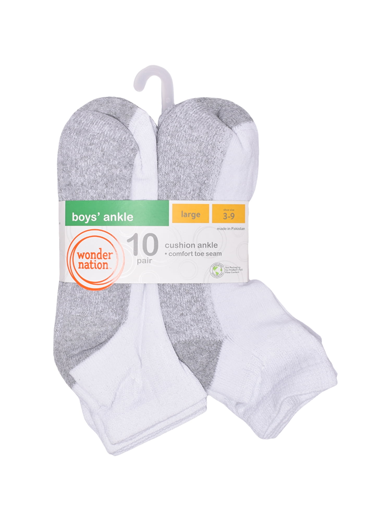 Wonder Nation Boys Cushioned Ankle Socks, 10 Pack, Sizes S (4-8.5) - L (3-9)
