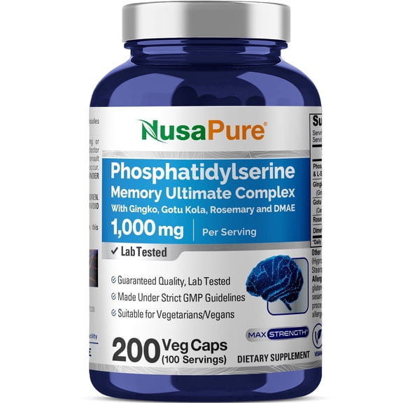 NusaPure Phosphatidylserine Memory Ultimate Complex 1000mg 200 Vegetarian Caps (Vegan, Non-GMO) Dietary Supplement for Unisex Adult Wellness & Health
