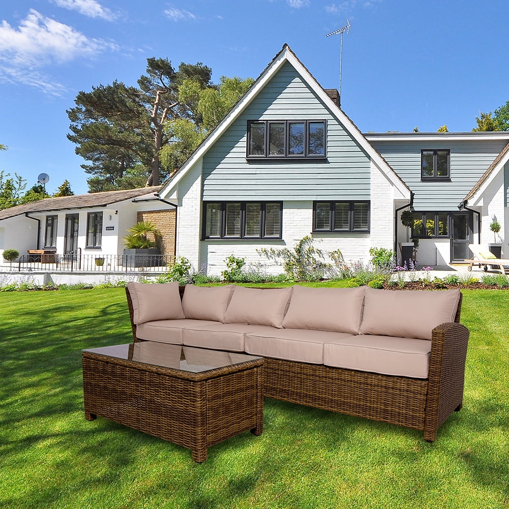 Kadyn 4-Piece Rattan Sectional Sofa Sets, Outdoor Patio Furniture Set with Loveseat, One-seat chair, Corner Chair, Glass Table, PE Rattan Patio Conversation Furniture Sets for Garden, Khaki Kadyn 4-Piece Rattan Sectional Sofa Sets, Outdoor Patio Furniture Set with Loveseat, One-seat chair, Corner Chair, Glass Table, PE Rattan Patio Conversation Furniture Sets for Garden, Khaki