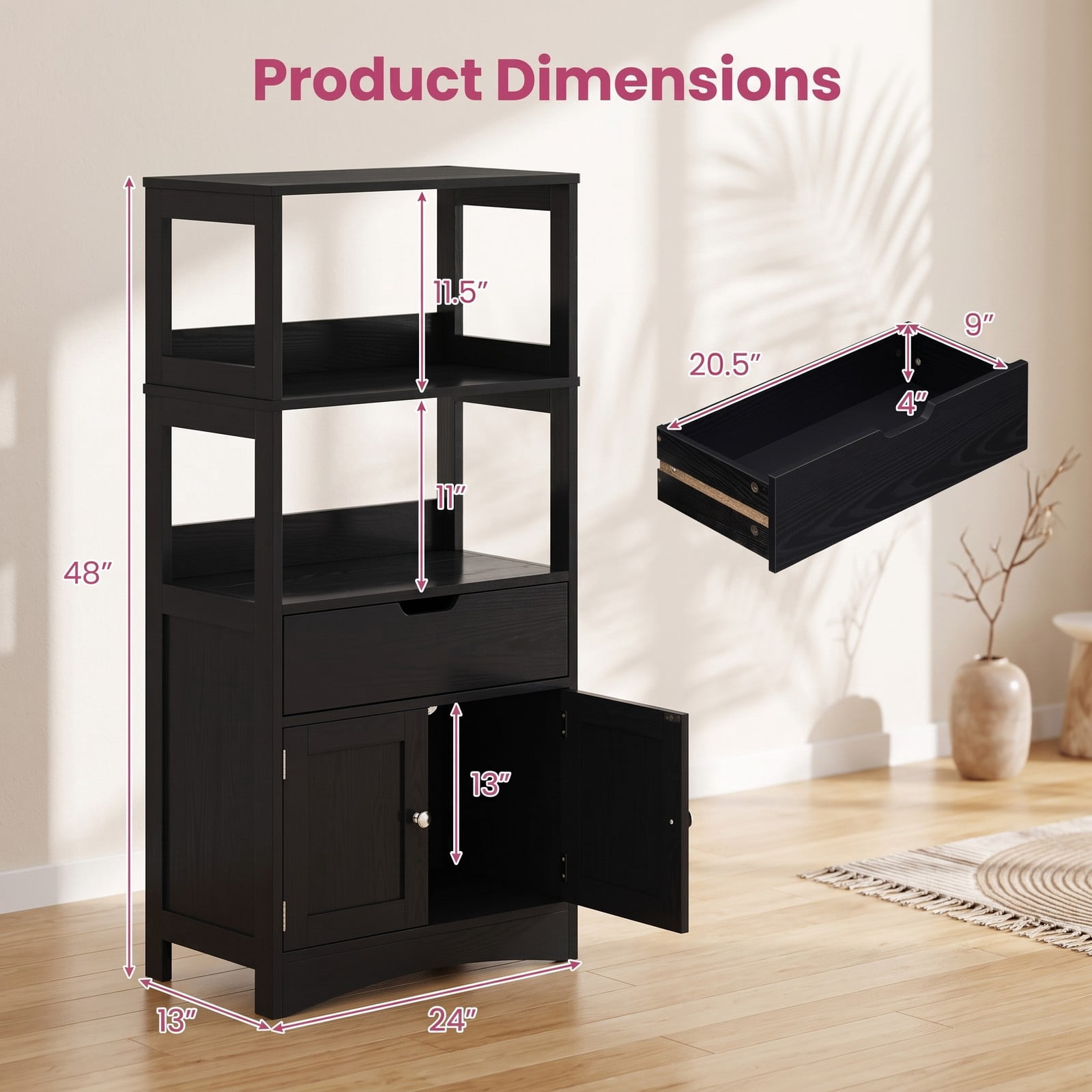 ALPULON Bathroom Storage Cabinet with Drawer and Shelf, Freestanding Floor Cabinet, Waterproof MDF Organizer for Bathroom Bedroom Entryway Living Room, Anti-Tip, Black