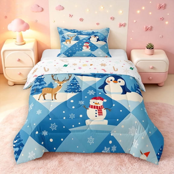 Manfei Festive Christmas Twin Comforter Sets,Snowman Penguin Deer Animals Bedding Set,Blue White,Christmas Reversible,2pcs,1 Comforter and 1 Pillowcase