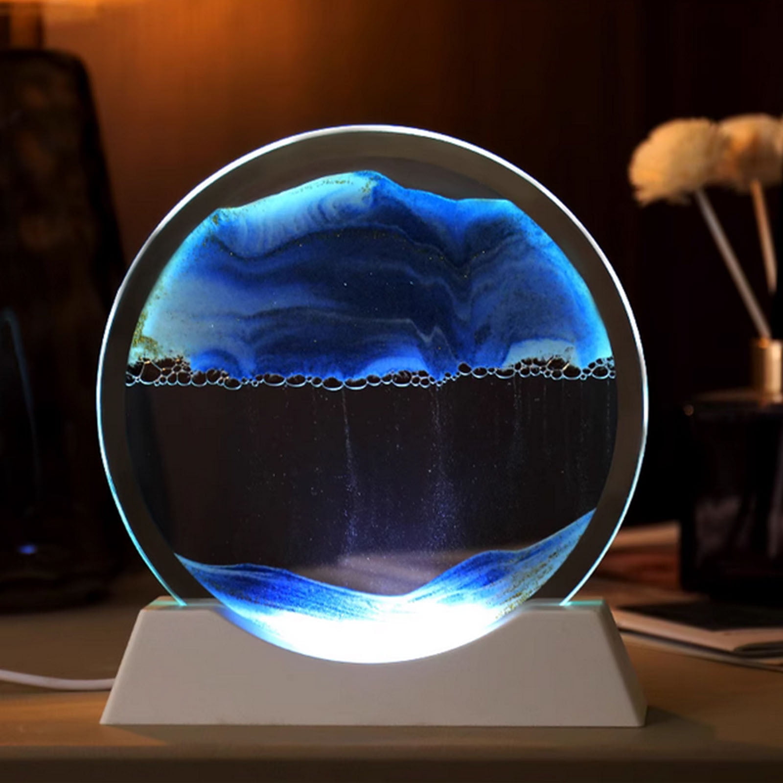 Wuztai Moving Sand Art Picture 29.8cm Round with LED Lamp for Home Decoration, Relaxing Liquid Motion Display, Therapeutic Sandscape