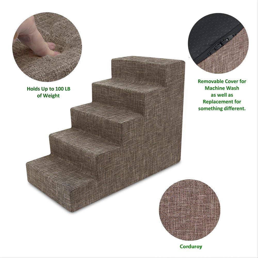 Best Pet Supplies Pet Steps and Stairs with CertiPUR-US Certified Foam for Dogs and Cats, 5-Step Wide Brown Linen