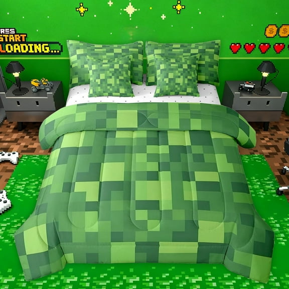 jejeloiu Pixelated Miners Game 7-Piece Twin Bedding Sets,Modern Geometric Checkered Bedding Comforter Set,Teens Video Games Sheet Sets For Boys Kids,Super Cozy Room Decor Reversible