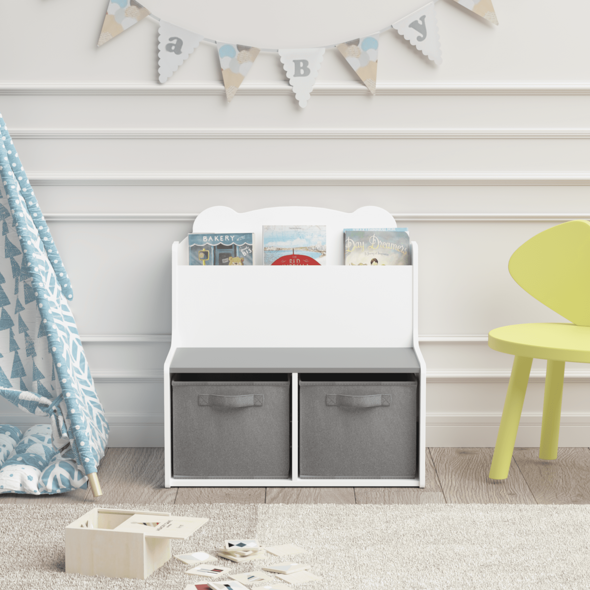 Kids Furniture Kids Bookshelf with Storage Bins – Wooden Bookcase with Book Display Shelf and 2 Fabric Bins, Cute Bear-Shaped Backboard, Toy Organizer for Toddlers and Children, White and Gray,Baby F