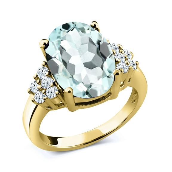 Gem Stone King Sky Blue Simulated Aquamarine White Created Sapphire 6.10 Ct 18K Yellow Gold Plated Silver Ring (Size 8)