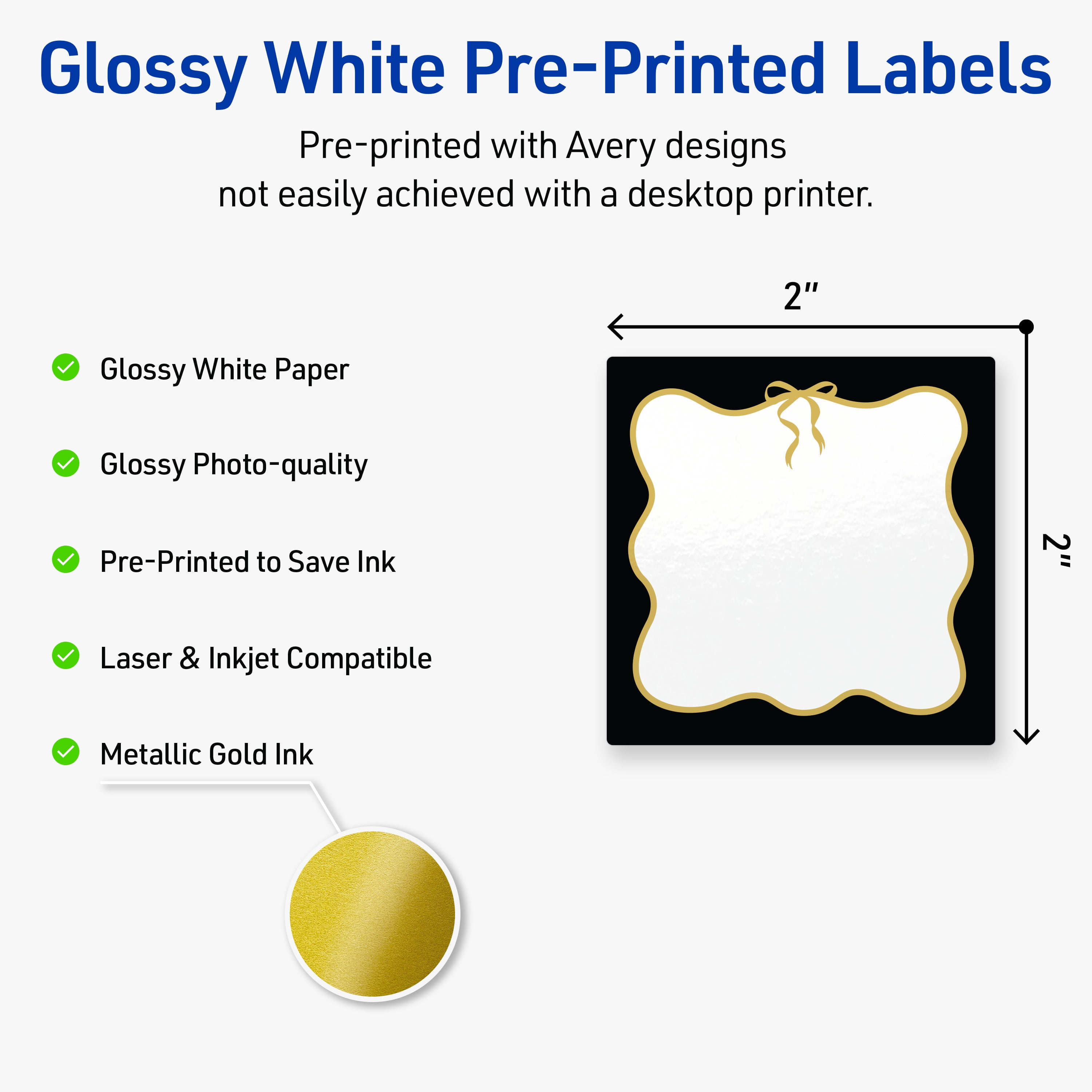 Avery Square Labels, 2" x 2", Black with Gold Bow Design, Glossy