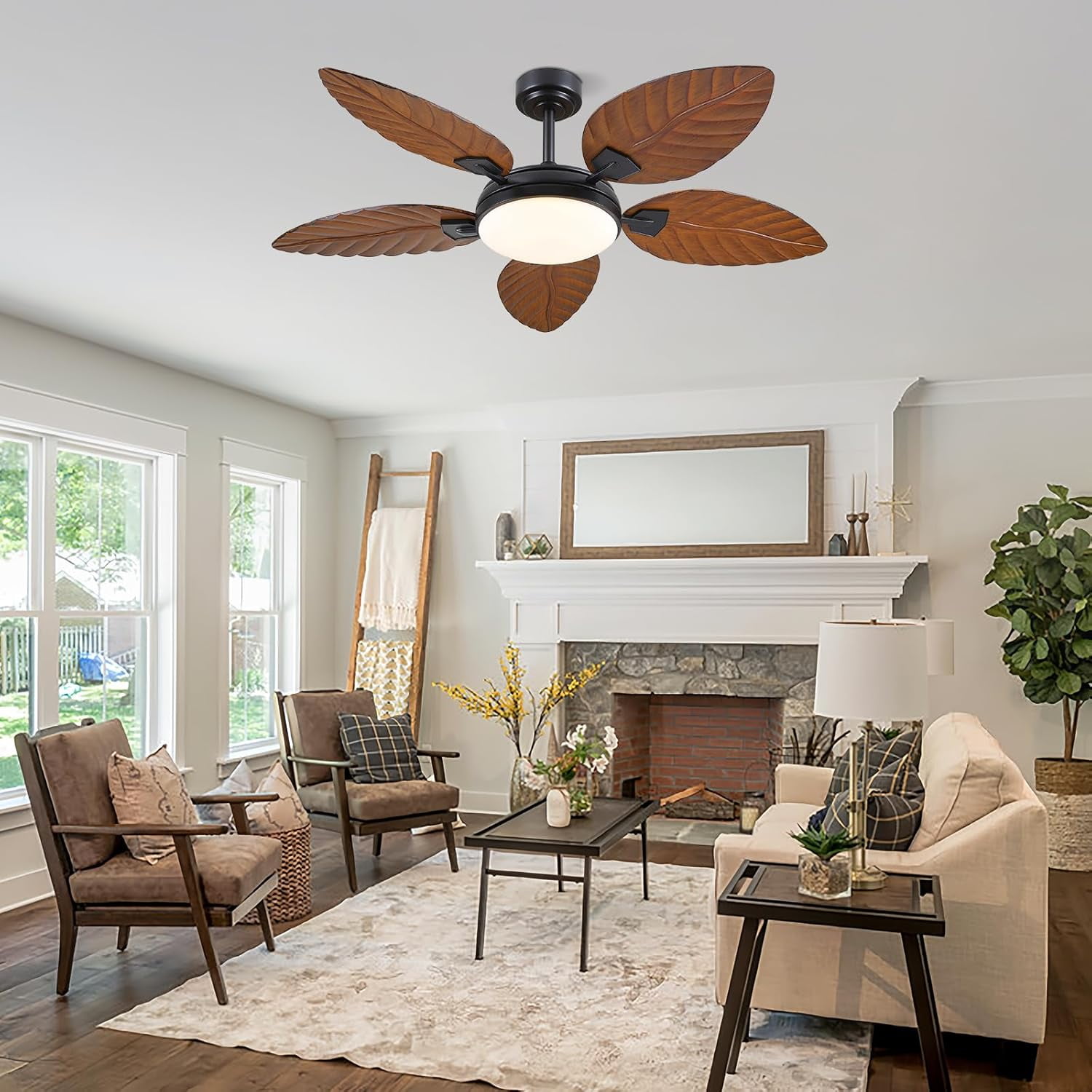 PHORUS 52" Brown Tropical Ceiling Fan with LED Light, Remote & App Control, Quiet Reversible DC Motor, 6 Speeds, Dimmable 3-Color Lighting – Indoor & Covered Outdoor