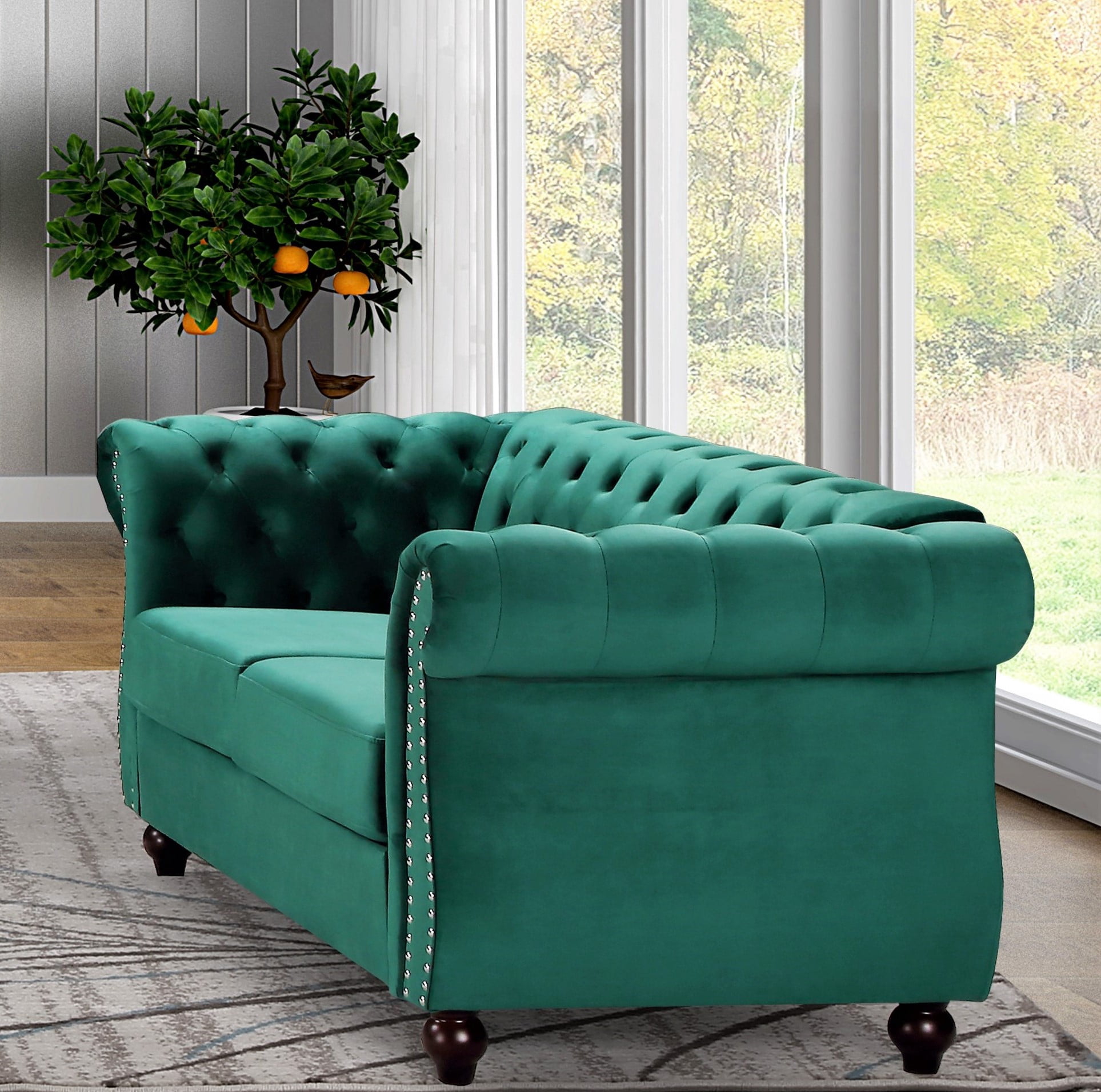 Uspridefurniture Fender 67.6'' Velvet Rolled Arm Chesterfield Loveseat,Green