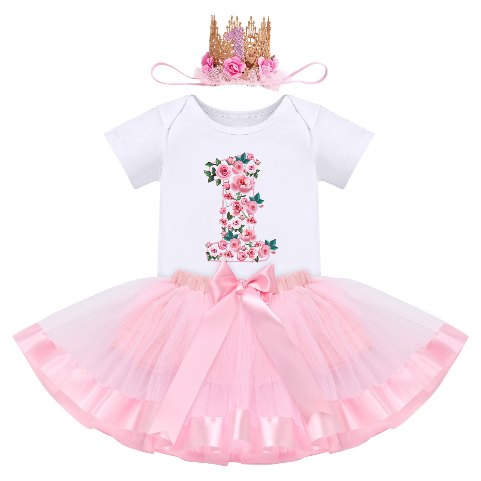 IBTOM CASTLE Infant Baby Girl One Year Old Birthday Outfit Floral Lace Party Cake Smash Romper + Tutu Skirt + Crown Clothes Set for Photo Shoot 1 Year Pink - Flower
