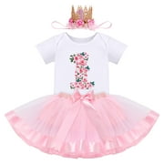 FYMNSI Baby Girl First Birthday Outfit Flower Theme Cotton Short Sleeve Romper Tutu Tulle Skirt Crown Headband 3pcs Set 1Y Pink Flower