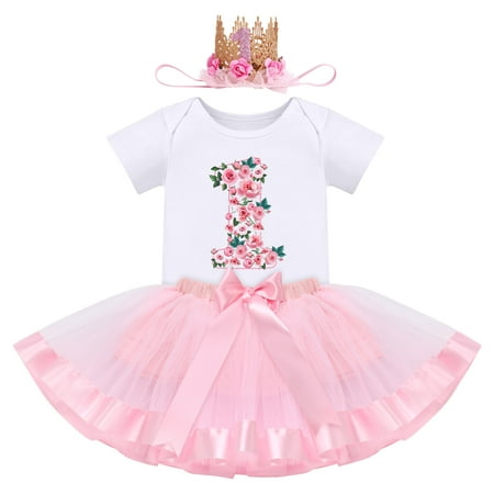 FYMNSI Baby Girl First Birthday Outfit Flower Theme Cotton Short Sleeve Romper Tutu Tulle Skirt Crown Headband 3pcs Set 1Y Pink Flower