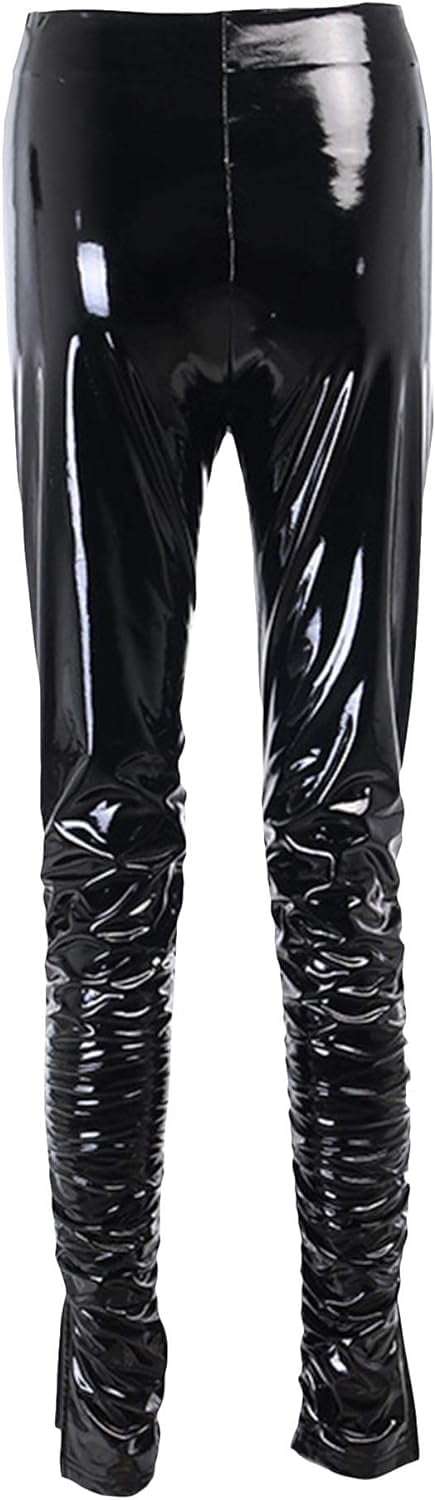 HLSOHJP Women's Pleated PU Leather Pants High Wasit Bodycon Ruched Split Hem Faux Leather Club Legging Trousers