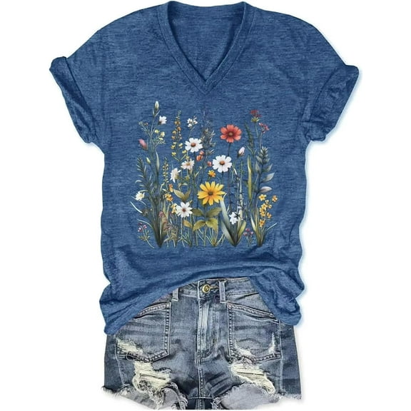 Womens V Neck T Shirts Vintage Cute Boho Flowers Short Sleeve Wildflower Tops