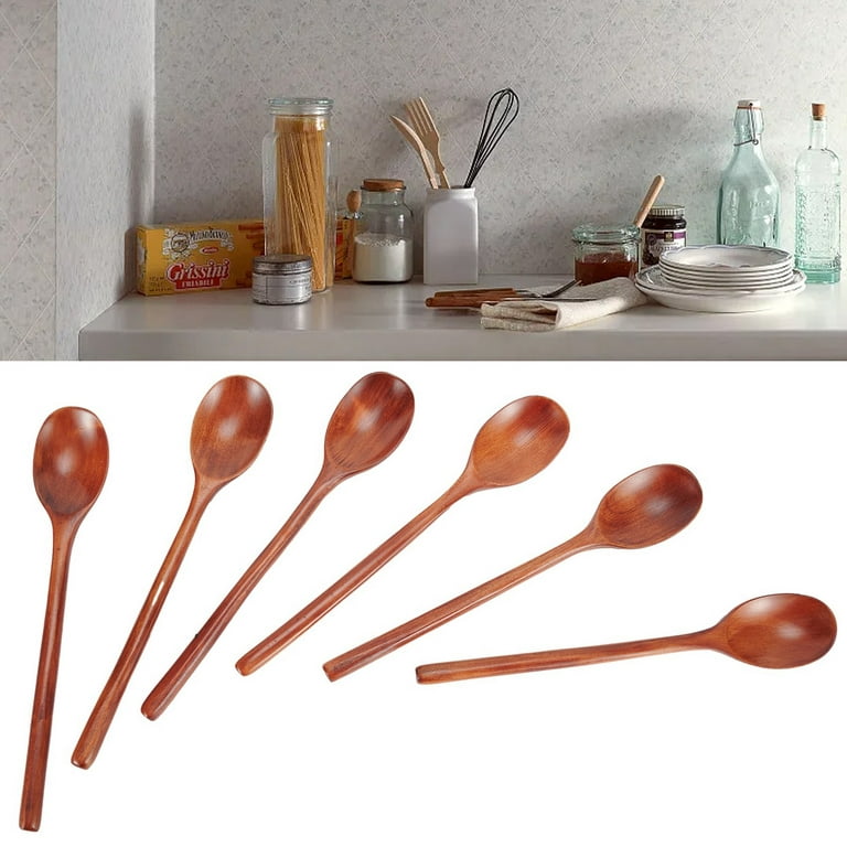 Wooden Spoons, 6 Pieces 9 Inch Wood Soup Spoons for Eating Mixing Stirring,  Long Handle Spoon with Japanese Style Kitchen Utensil, ADLORYEA Eco