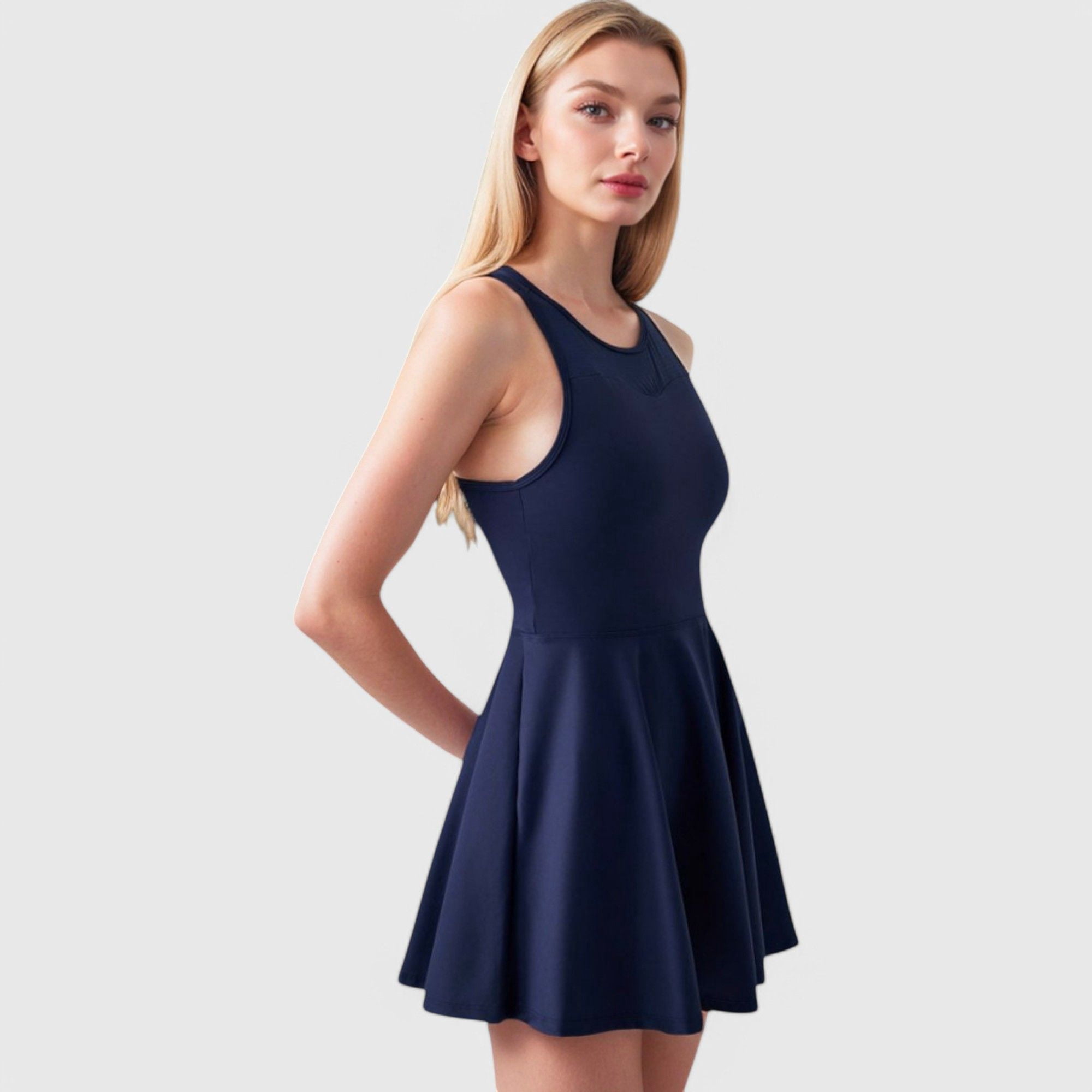 Women's High Neck Flowy Athletic Dress with Built-In Shorts - Medium, Navy