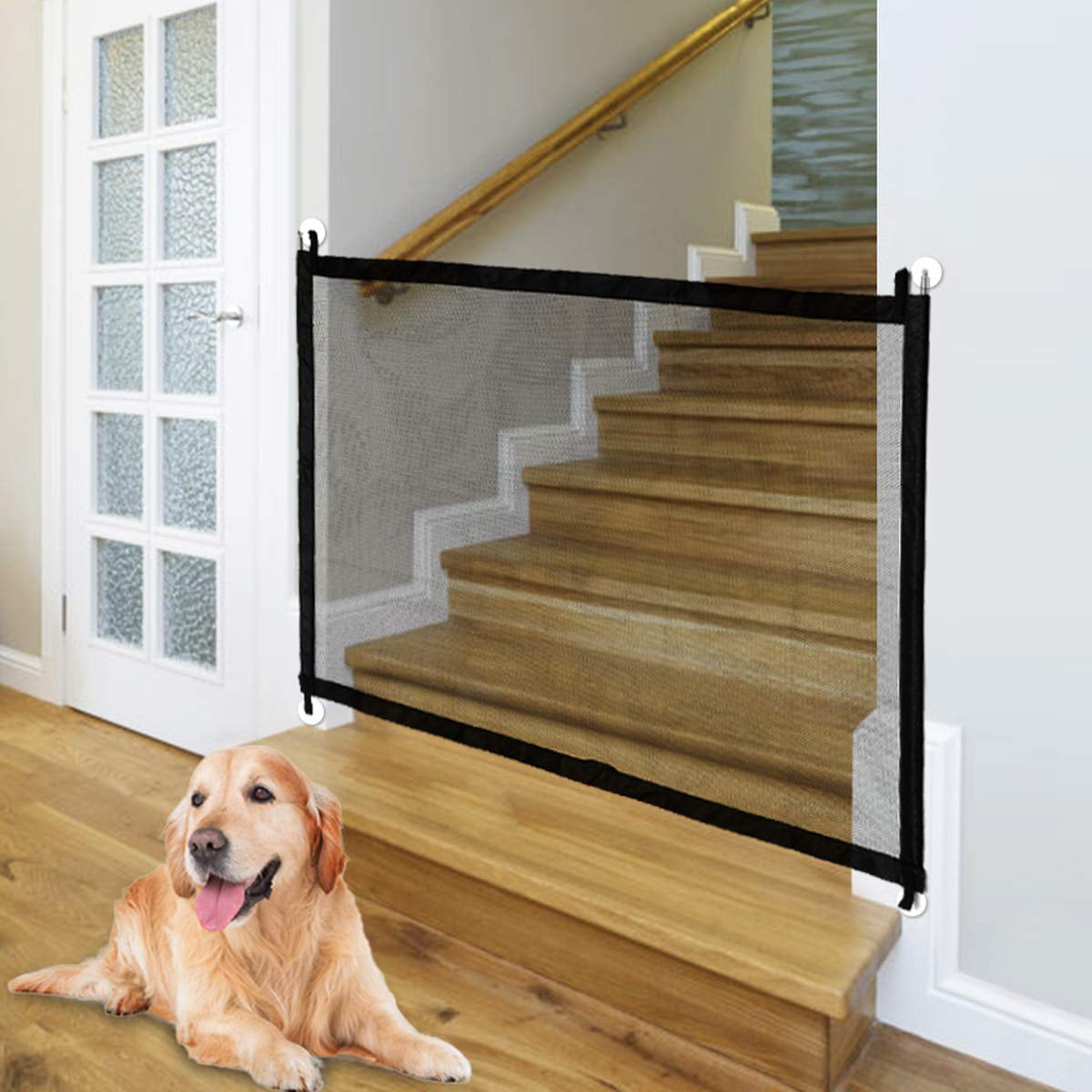 Baby Pet Safety Stair Gate Child Relocatable Safety Gates OZZlOR Magic Gate for Dogs Black，110*72cm Portable Folding Door Mesh Magic Gate Fence Isolated Indoor and Outdoor with 4 Adhesive Hooks