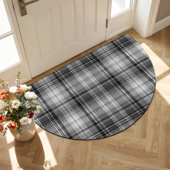 Half Circle Bath Mat Gray Checked Plaid Semicircular Doormat Non Slip Absorbent Quick Dry Diatomite Stone Stripes Woven Grid Drying Shower Mat for Bathroom Floor Bathtub Entryway Kitchen 16"x24"
