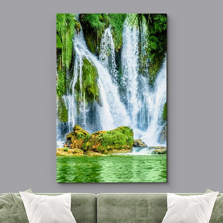 wall26 Canvas Print Wall Art Vibrant Green Jungle Forest Waterfall