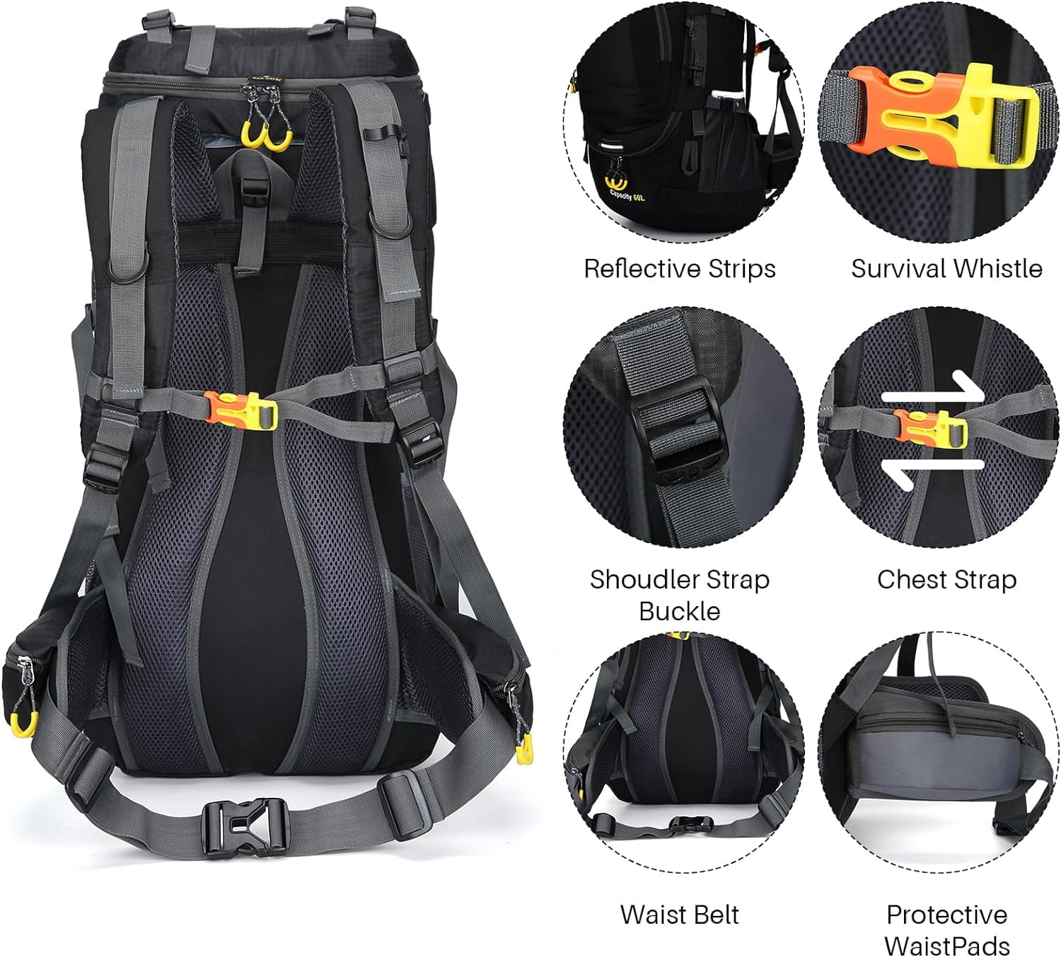 SHANNA 60L Waterproof Hiking Camping Backpack with Rain Cover Camping Rucksack Lightweight Hunting Rucksack, Black