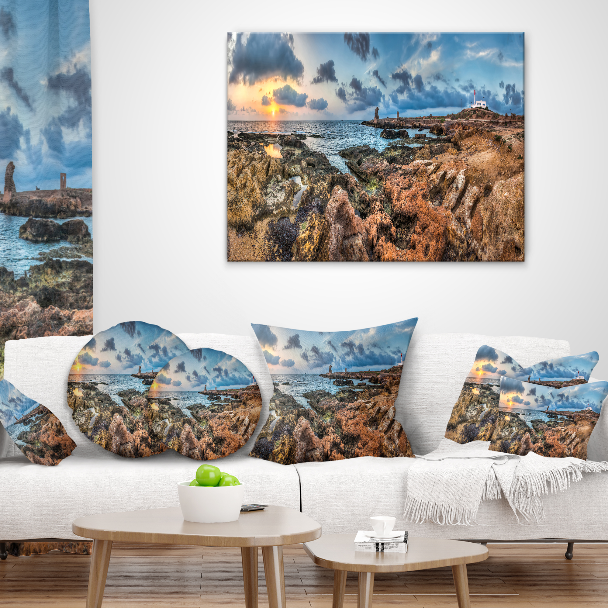Designart Blue Sky over Rough Rocky Coast - Seashore Throw Pillow - 12x20
