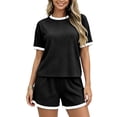 thumbnail image 4 of Womens Ribbed Knit Two-Piece Set Casual Short Sleeve T Shirt And Shorts Matching Outfit With Contrast, 4 of 8