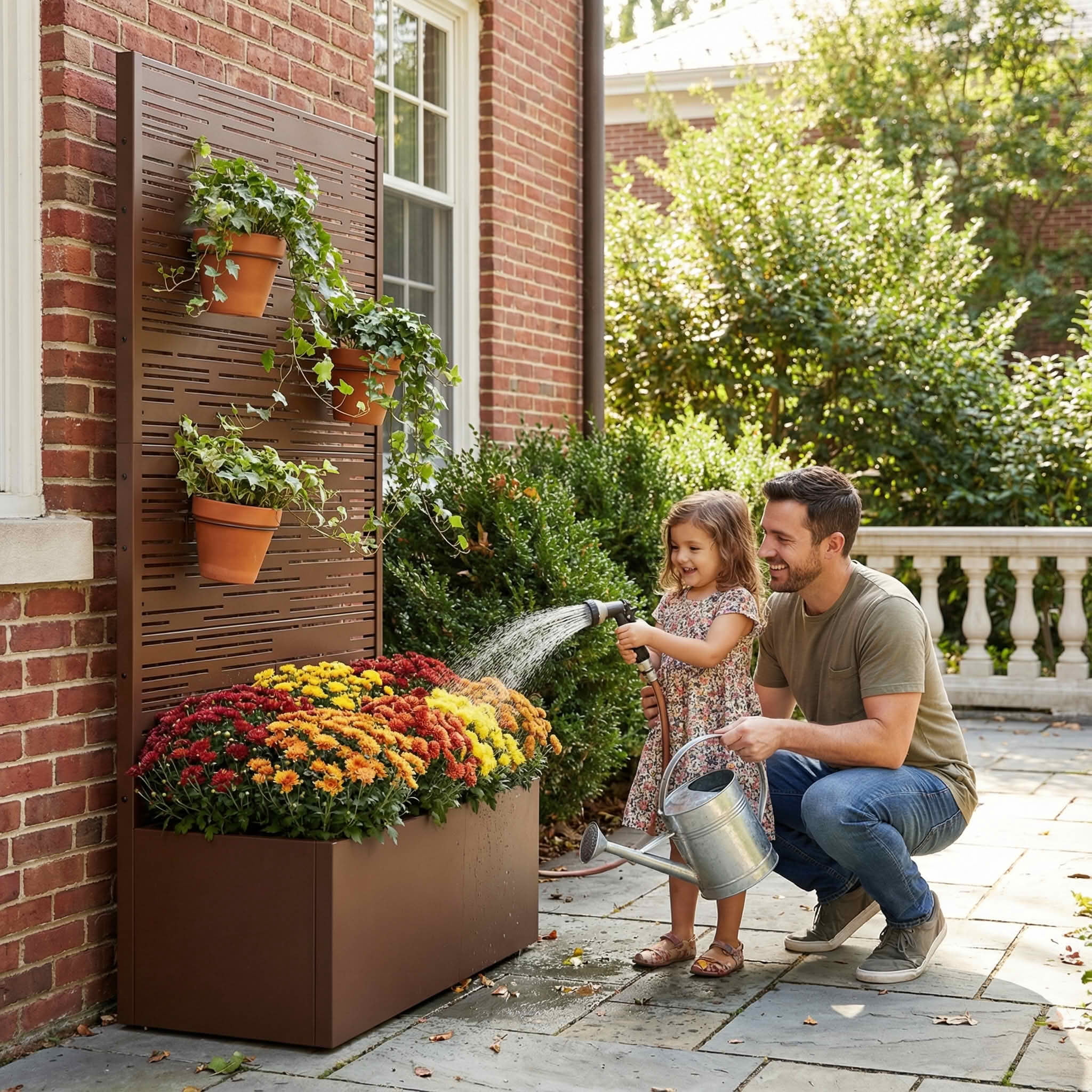 MAYEERTY 59X30" Metal Outdoor Brown Privacy Screen with Planter Box for Backyard & Garden, 4 Piece Set
