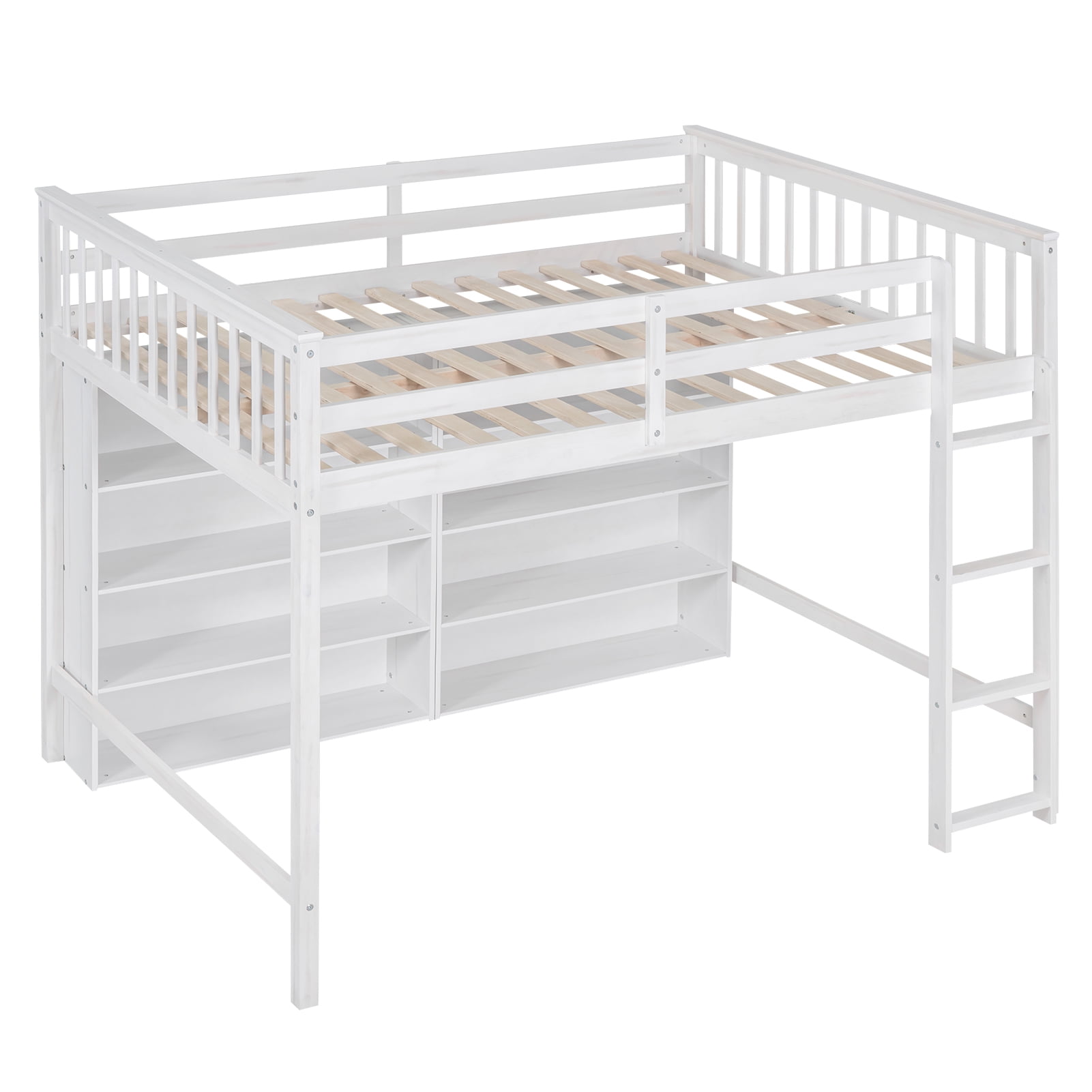 Euroco Wood Full Size Loft Bed with Shelf for Kids Bedroom, Functional Storage Shelf and Display Case, Open Bookcase for Kids Teens Adults, White