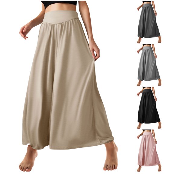 UKHCCC Wide Leg Pants for Women High Waist with Elastic Drapey Dance Trousers Flowy Boho Palazzo Yoga Lounge Casual Soft Chiffon Loose Fit Summer S-2XL