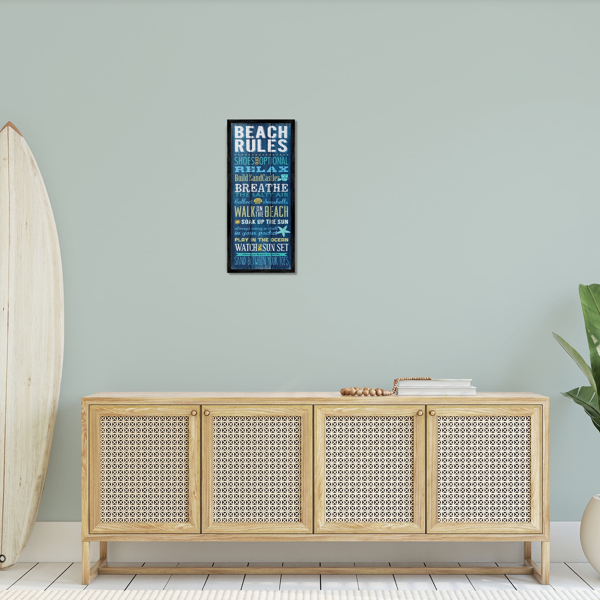 Stupell Industries Beach Rules Relax Breathe Typography Painting Black Framed Art Print Wall Art, 10 x 24