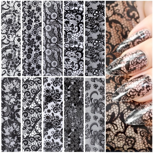 Lámina de transferencia para uñas SmallCat, 10 hojas, encaje negro