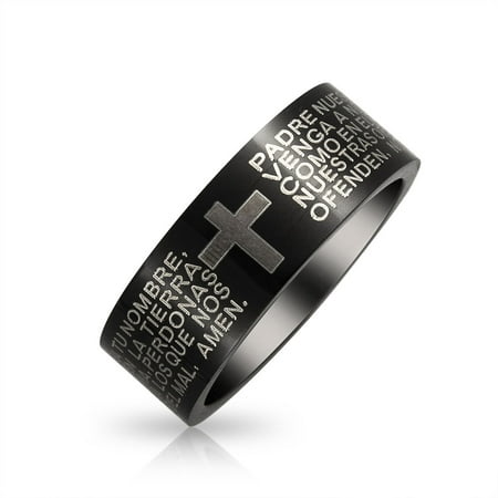 Religious Christian Padre Nuestro Lords Pray Cross Grey Black Flat Band Ring For Men For Women Stainless