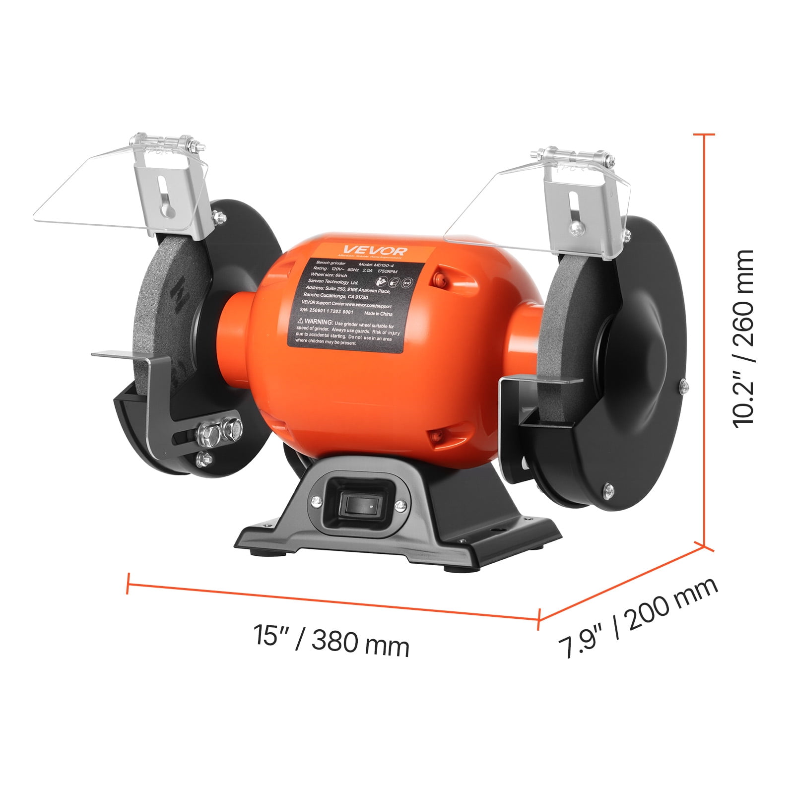 VEVOR Bench Grinder,6-inch Single Speed Bench Grinder,1750RPM Low-Speed Table Grinders with 250W 2A Induction Motor, 36/60-Grit Grinding Wheels & Adjustable Tool Rest for Precise Sharpening Grinding