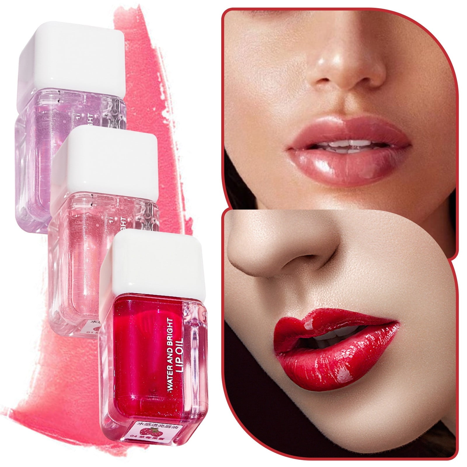 Pjtewawe Lip Glosses 3 Kinds of Fruit Flavor Mirror Water Lip Oil Lip Gloss Transparent Glass Lip Oil Waterproof Moisturizing Liquid Lipstick Makeup