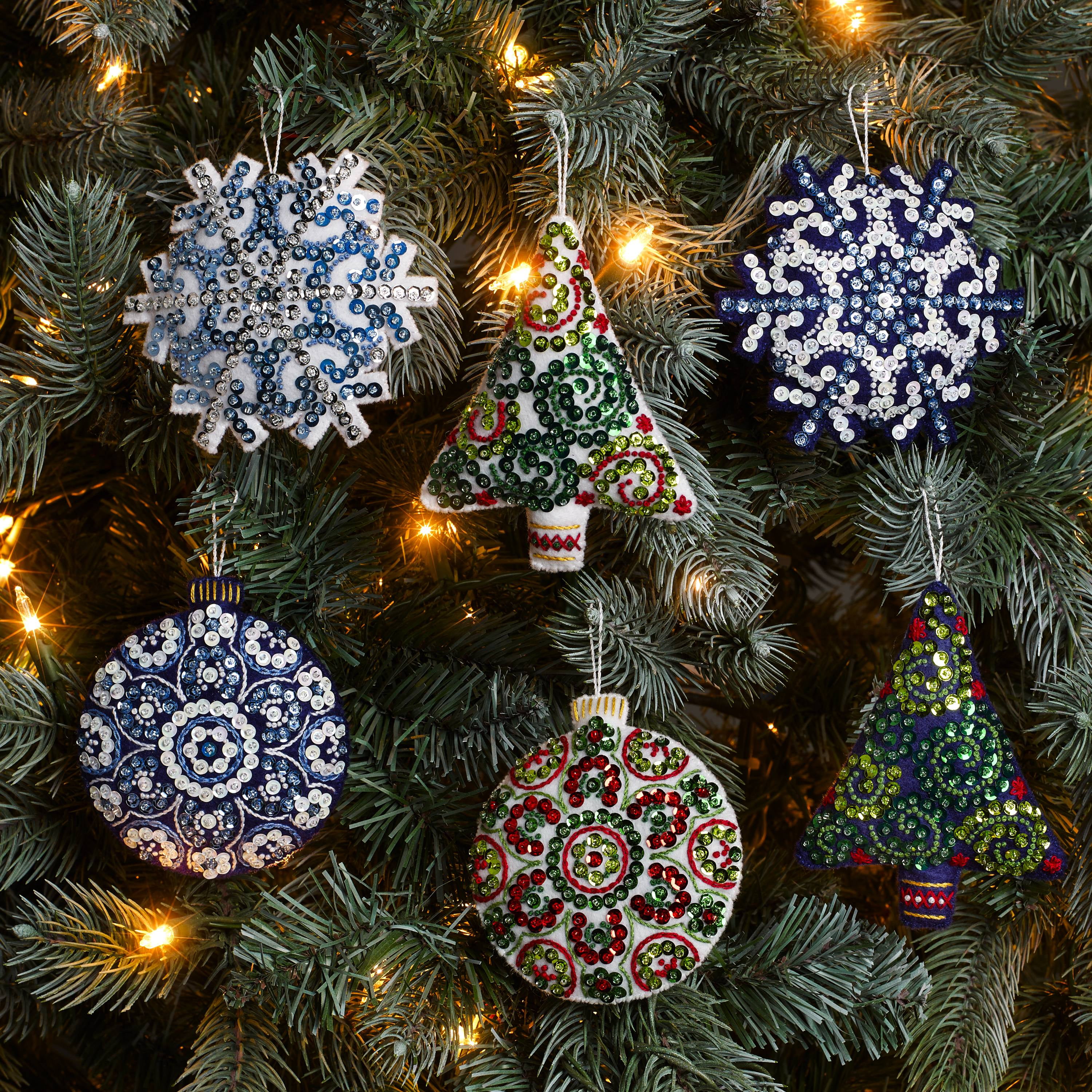 Bucilla Christmas Ornament Kit, Felt Applique, Mandala Christmas, Set of 6