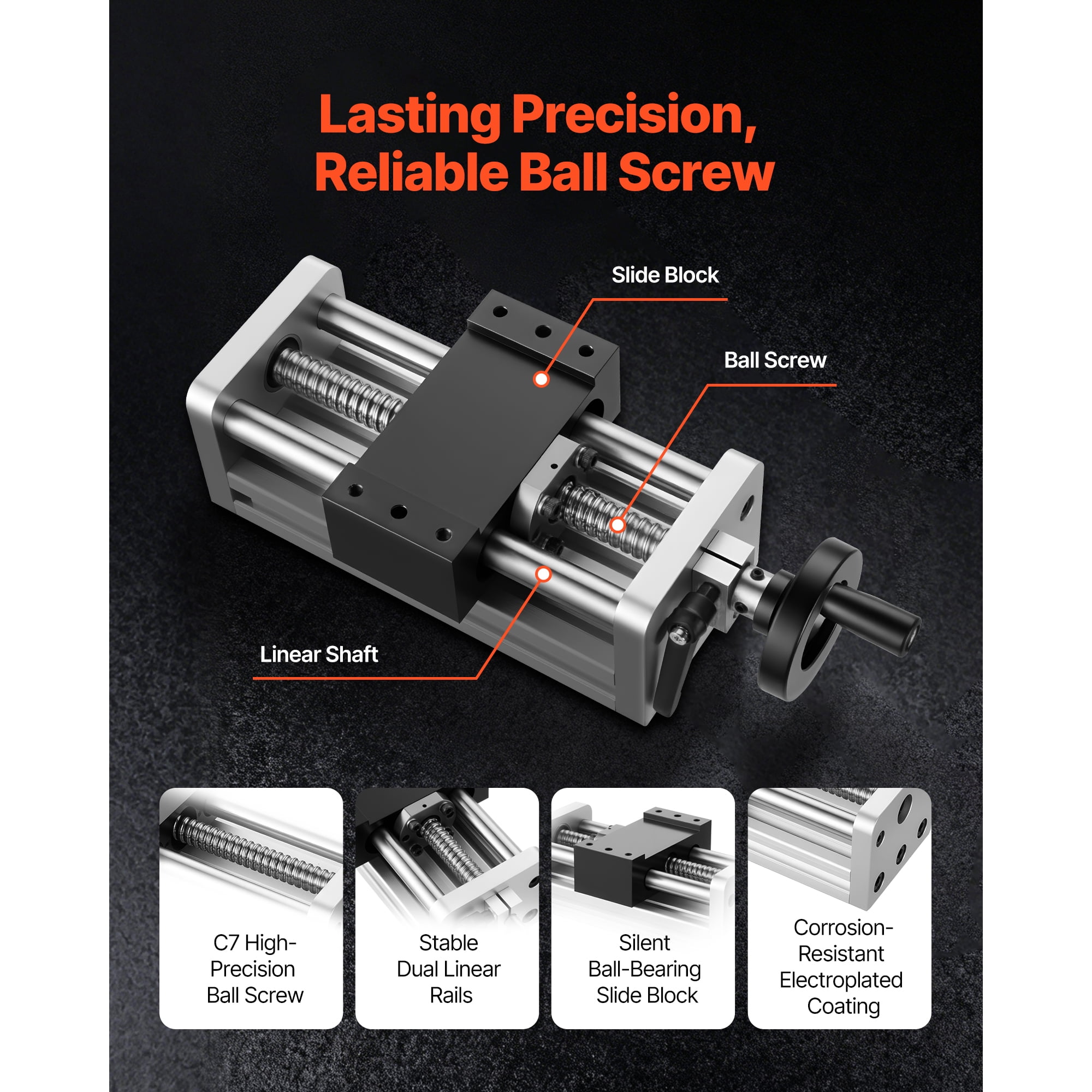 KFFKFF Linear Stage Actuator with 100 mm Stroke, Ball Screw CNC Motion Guide Rail, Dual Optical Axis, C7 Precision, Bearing Slide Block, Manual Handwheel, Suitable for CNC Router X Y Z Axis