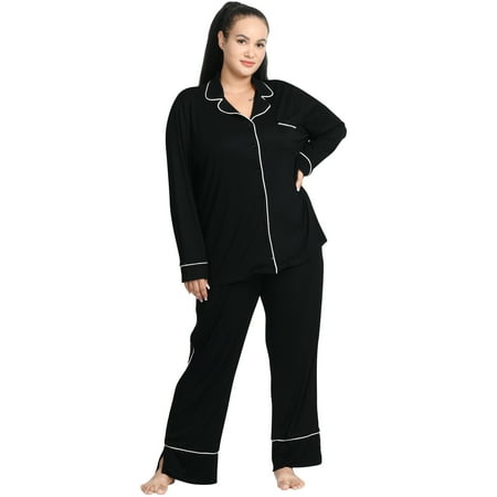 

TWINNIS Women s Plus Size Pajamas Set Button Down Night Shirt Soft Pjs Lounge Sets Black 4XL